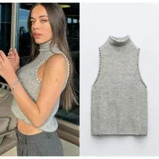 zara 그레이 터틀넥 슬리브리스 니트