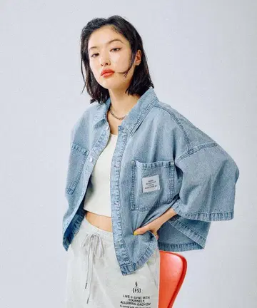 렙심 BIG 데님 숏 5부 소매 셔츠 새상품 라이트 블루