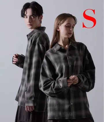 CLEL 벌룬 소매 루즈 레귤러 카라 셔츠 체크 S 사이즈