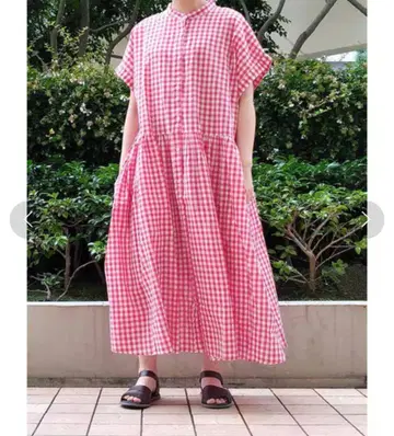 코튼 개더 원피스 레드 깅엄 체크