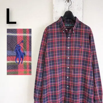 90s 랄프 로렌 BD 셔츠 체크 무늬 레드 포니 자수 L
