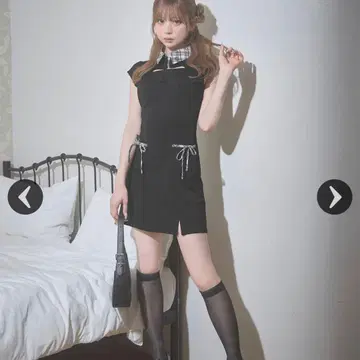 미셸 마카롱 리본 체크 미니 원피스
