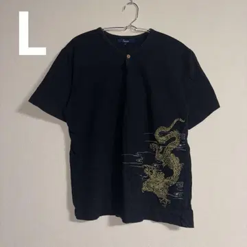 Sian L 블랙 드래곤 프린트 반팔 셔츠 티셔츠