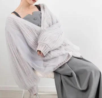 RANDA 볼륨 튤 니트 가디건 그레이 FREE