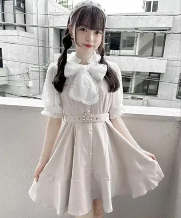 ROJITA 벨트 포함 페플럼 플레어 반팔 원피스 양산형 핑크 베이지