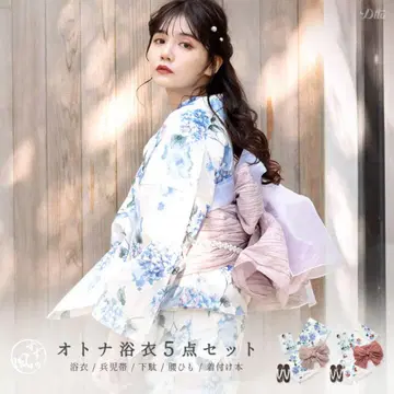파란 꽃무늬 유카타 오비 일본 나막신 세트