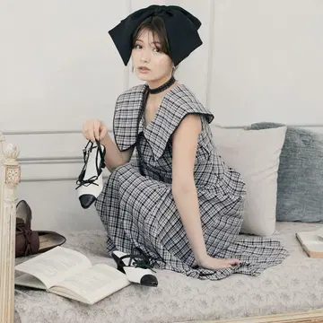 [ 한정 가격 ] 초커 세트 빅 칼라 원피스