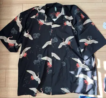 미사용 오픈 카라 학 일본풍 패턴 알로하 셔츠 남성용 BLACK
