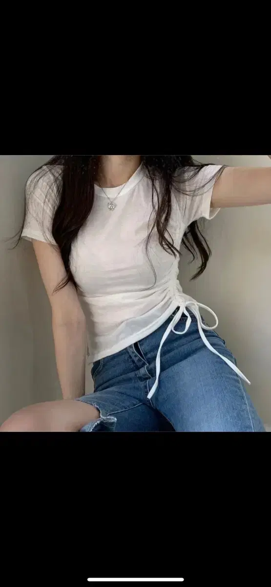 Trade possible) String Shirring Short Sleeve T-shirt