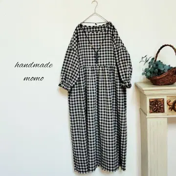 handmade 면린넨 선염 깅엄 와셔 체크 원피스 free 팔분 소매