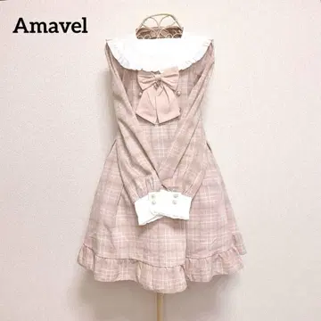 Amavel 걸리시 프릴 체크 원피스 리본 펄 긴팔