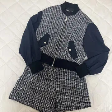 ZARA 셋업 트위드 대비 텍스처 봄버 자켓