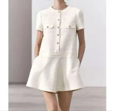 ZARA 자라 화이트 트위드 텍스처 반팔 미니 원피스