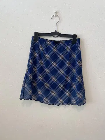 nugu 체크 무늬 미니 스커트 파랑 프릴 밑단 리본 포함