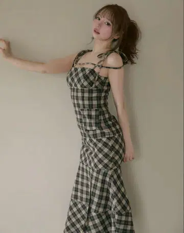 andmary Cecily 체크 롱 드레스