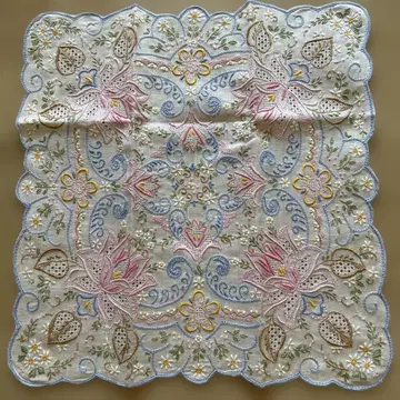 중국 민예품 스와토우 꽃무늬 자수 화이트 레이스 손수건 약 30x28cm