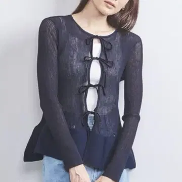 UNITED ARROWS 18G 시어 벨벳 리본 가디건