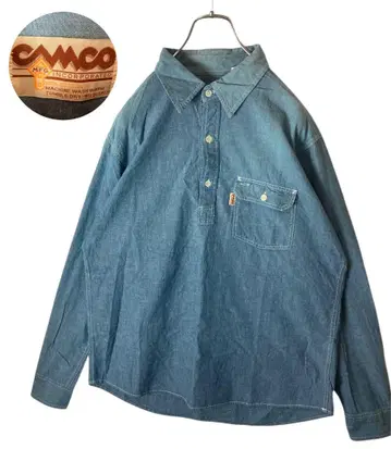 CAMCO 하프 버튼 풀오버 라이트 블루 코튼 긴팔 셔츠 루즈한 사이즈