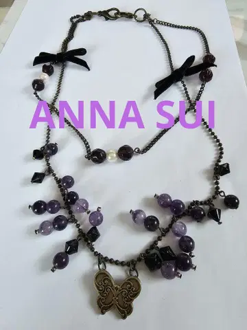 ANNA SUI 2연 보라색 비즈 나비 리본 펜던트 목걸이