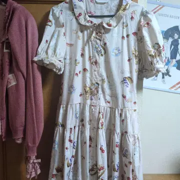 토끼 야생 딸기 패턴 반팔 원피스 화이트