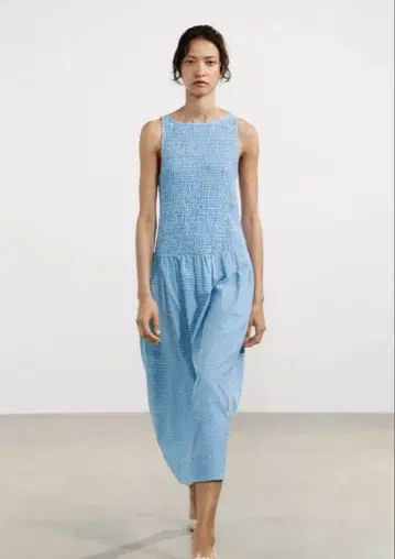 새상품 ZARA 스카이블루 깅엄 체크 미디 원피스