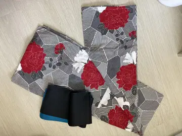 유카타 오비 세트 빨간색 장미 무늬