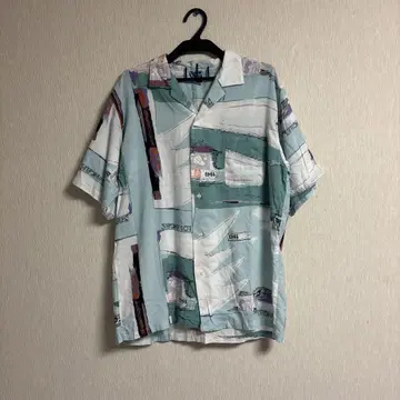 80s90s! 아로하 셔츠 스카이블루 기하학 패턴 반팔
