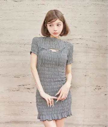 Darich 리본 셔링 깅엄 미니 원피스