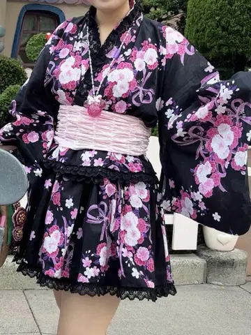 유카타 드레스 양산형 지뢰 핑크 블랙 성인