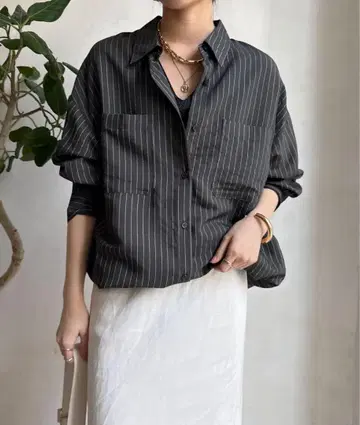 DouDou 시어 핀스트라이프 드로스트 셔츠
