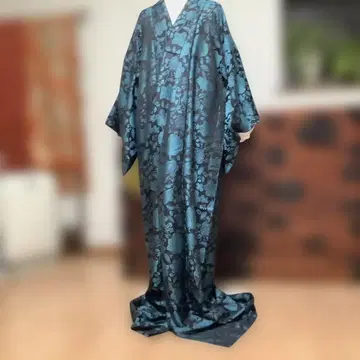 나가이 직물 홑겹 청록색 꽃무늬 기모노