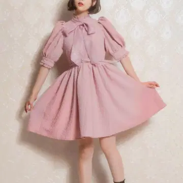 마농 도쿄 manontokyo 퍼프 슬리브 리본 원피스 핑크