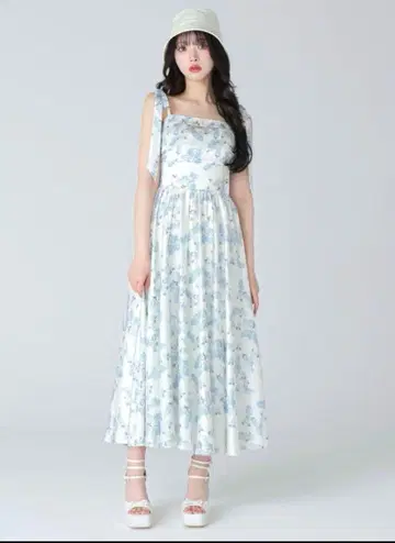 m.me.eme 플라워 리본 플레어 롱 원피스