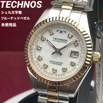 미사용 플루티드 베젤 쉘 다이얼 콤비 컬러 TECHNOS 손목시계