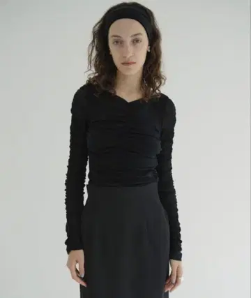 CLANE W TULLE SHIRRING TOPS BLACK