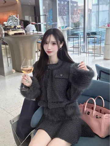 루미뇽 트위드 퍼 스노우 재킷 포켓 퍼 오피
