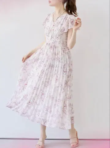toccocloset 펄 장식 넥 리본 수채화 플라워 플리츠 원피스