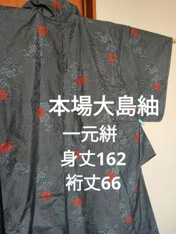 본고장 오시마 명주 일원식 무늬 순수 실크 이중 기모노 넓은 카라