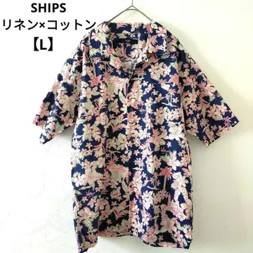 SHIPS 린넨 네이비 핑크 꽃무늬 하와이안 셔츠 새상품급