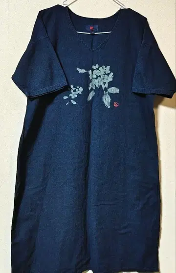 45rpm 네이비 나염 반팔 롱 원피스