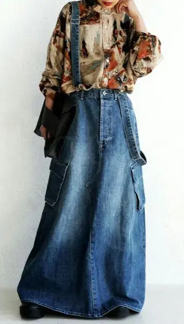 안티카 빈티지 데님 살로펫 롱 스커트