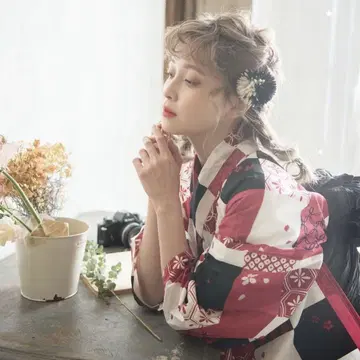 [ Dita ] 월색 체크 패턴 대정 로망 레트로 유카타 3종 세트