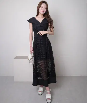 LIPSERVICE 오프숄더 컬러 메쉬 플레어 원피스 블랙