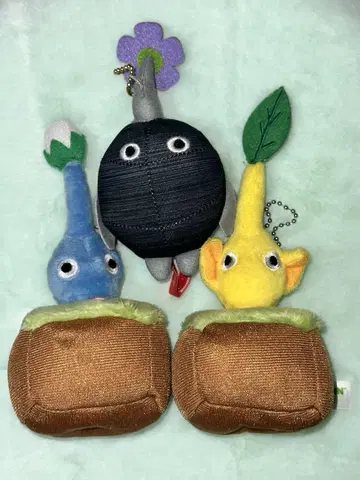 파랑 옐로우 컬러 바위 피크민 봉제 인형 키링 세트