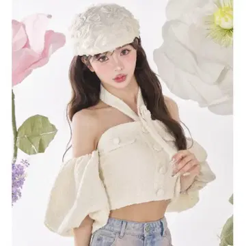 Darich 홀터넥 오프숄더 트위드 상의 화이트