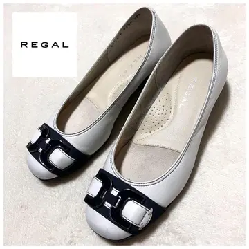 리갈 REGAL 가죽 플랫 펌프스 비트 금장 장식 화이트 네이비
