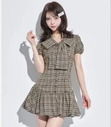 Darich 빅 리본 벌룬 체크 미니 원피스 BEG FL