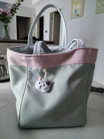 고양이 참 포함 토트백 민트 그린
