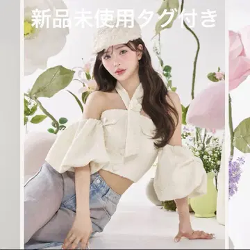 다리치 홀터넥 오프숄더 트위드 상의