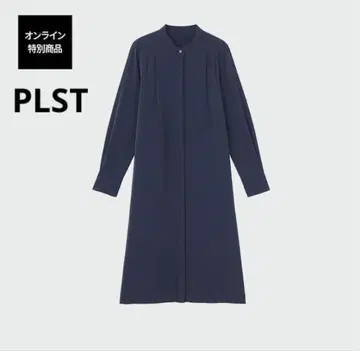 PLST 플라스테 밴드 카라 백 플리츠 셔츠 원피스 (긴팔)